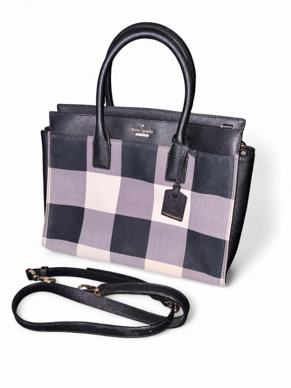kate spade Black, Gray and White Plaid Satchel with Detachable Strap